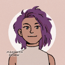 robyn's avatar, created with the Makowka Picrew avatar creator in a warm, friendly cartoon style. The character is female-presenting, has medium-length purple hair, a slight smile, and a silver nose ring, and is wearing a beige turtleneck tank top. The image background is pastel pink, with a white circle in the centre, just behind the character's head.